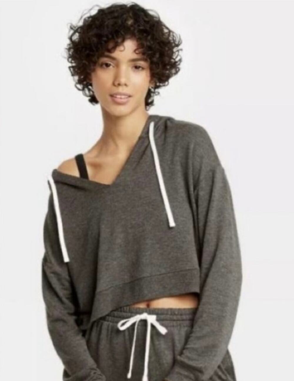 Colsie Womens Grey Lounge Cropped Soft Ombre Raw Hem Cotton Hoodie Sweatshirt S